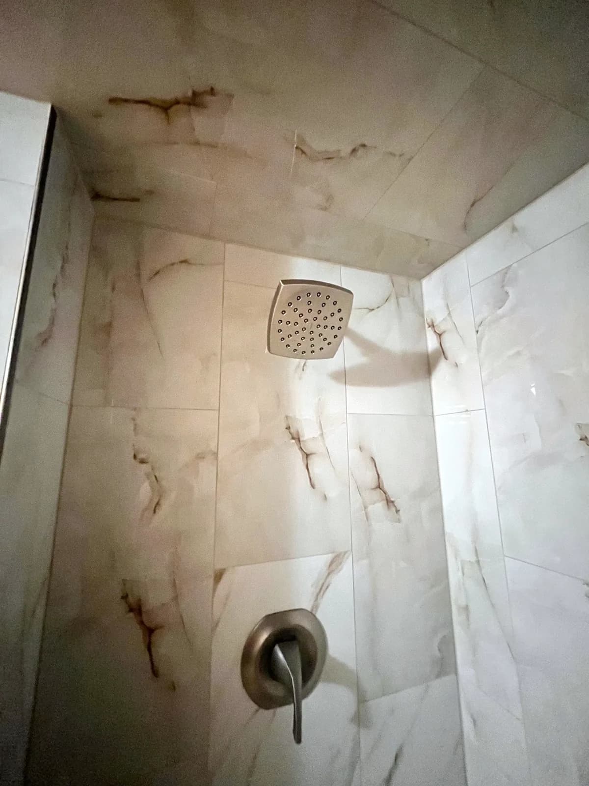 Tiled shower ceiling and walls in marble-look large-format tile with a square shower head, Rockwall, TX